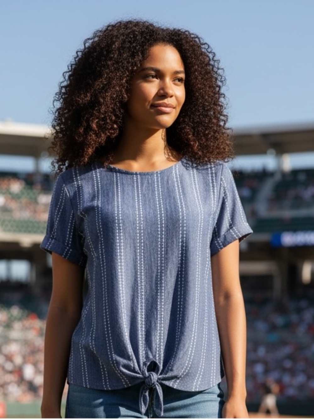 W5 Blue Vertical Stripe Short Sleeve Tie-Front Blouse